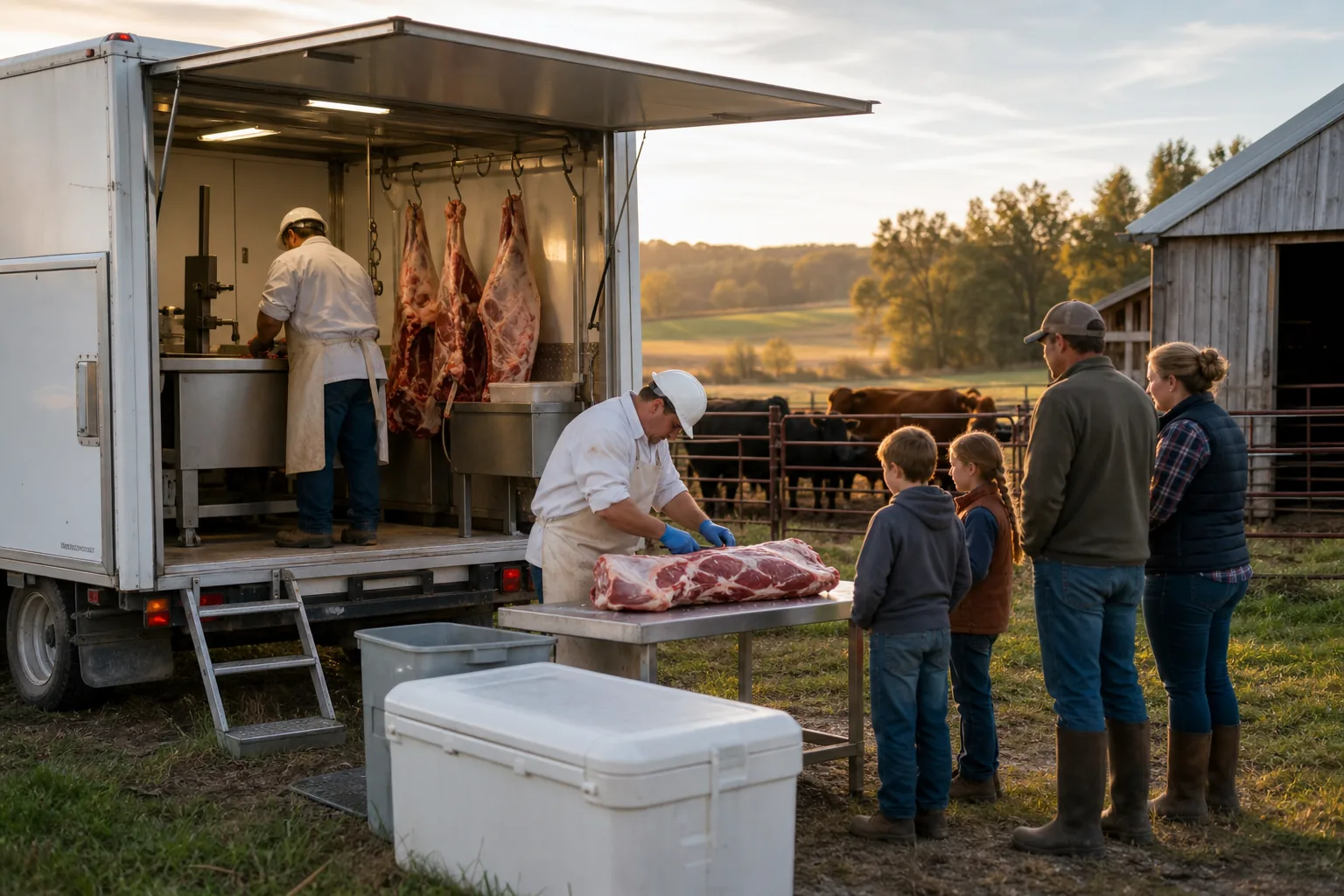 Local state-inspected mobile butchers: visual reference for 5. Local state-inspected mobile butchers , best when USDA certification isn't required and you want lower-cost on-farm harvest