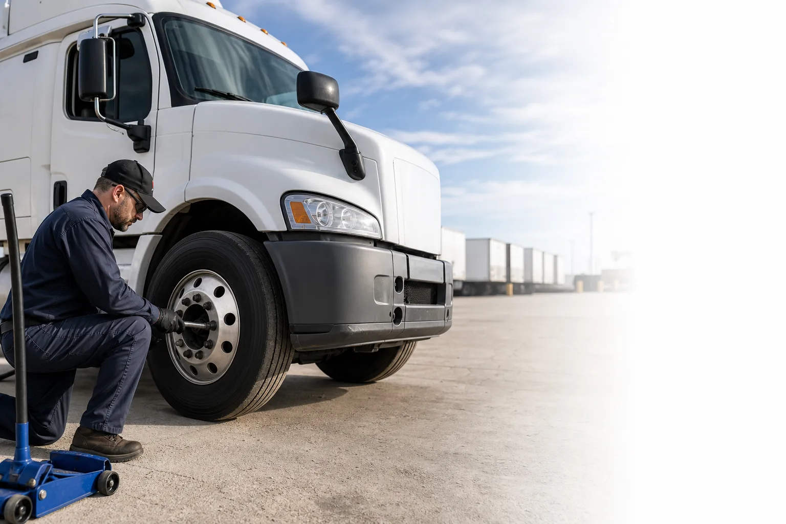 Mobile tire balancing inspection for a commercial truck at a Dallas-Fort Worth fleet yard.