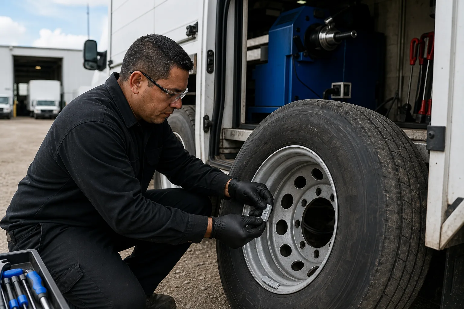 Technician balancing a commercial steel wheel with inside and outside wheel weights.
