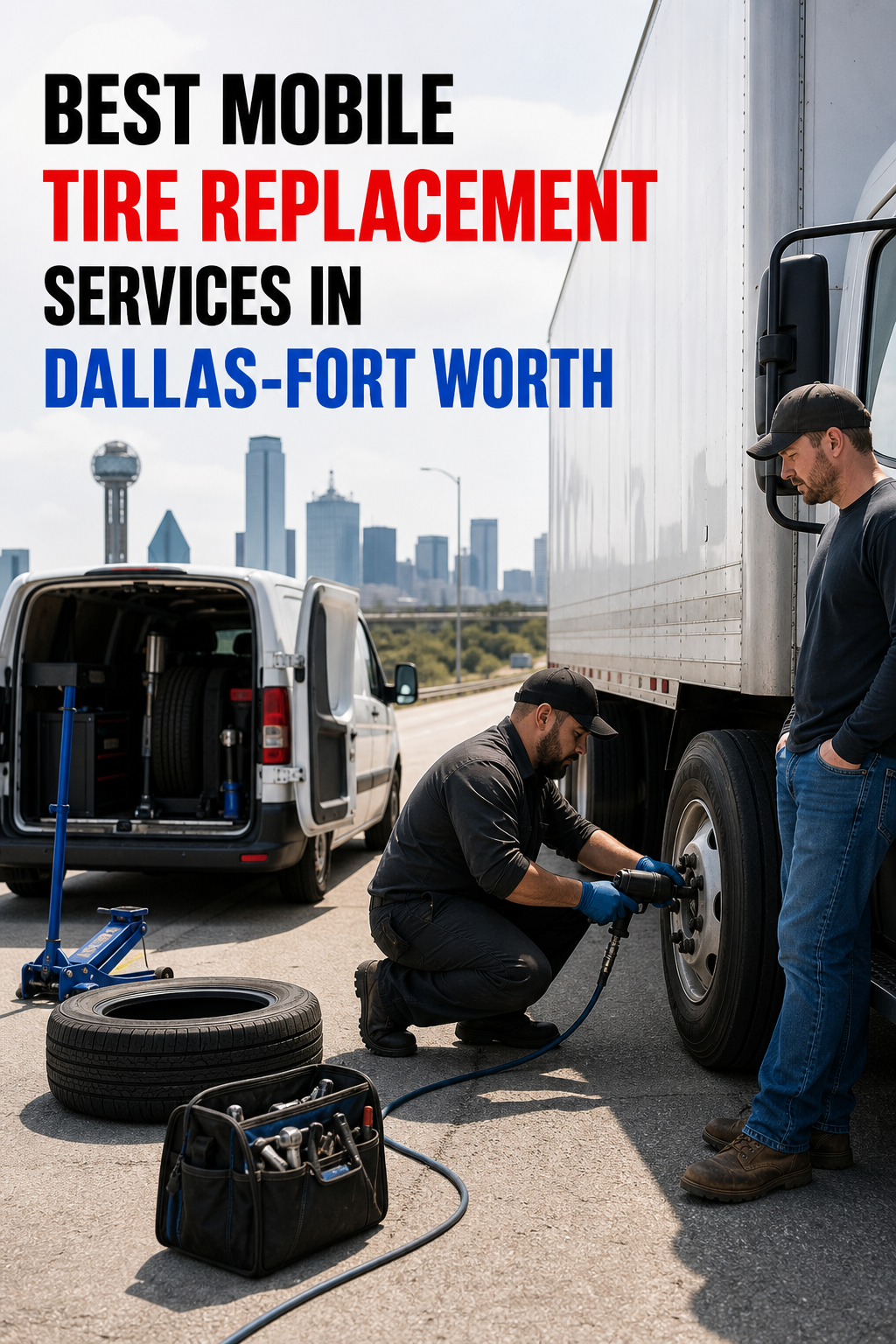 A realistic scene of a mobile tire technician fixing a truck tire on a highway shoulder in Dallas, showing the service van, tools, and the truck driver watching, Alt: 