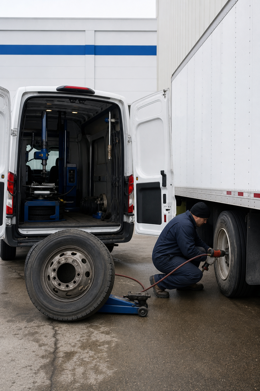 A realistic image of a mobile tire service van at a warehouse loading dock with a technician swapping a truck tire, Alt: 