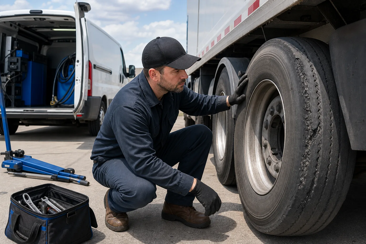 technician inspecting a commercial truck tire before mobile service