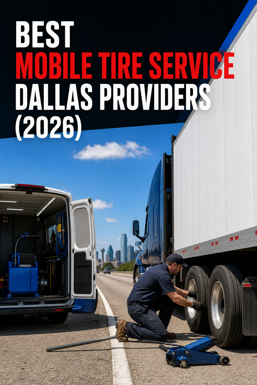 A photorealistic scene of a mobile tire service truck parked beside a commercial semi-truck on a Dallas highway shoulder at midday, with a technician in a work uniform inspecting the rear tires under bright Texas sunlight, blue color accent on the service truck. Alt: The Tire Specialist mobile tire service Dallas commercial truck repair on I-35.