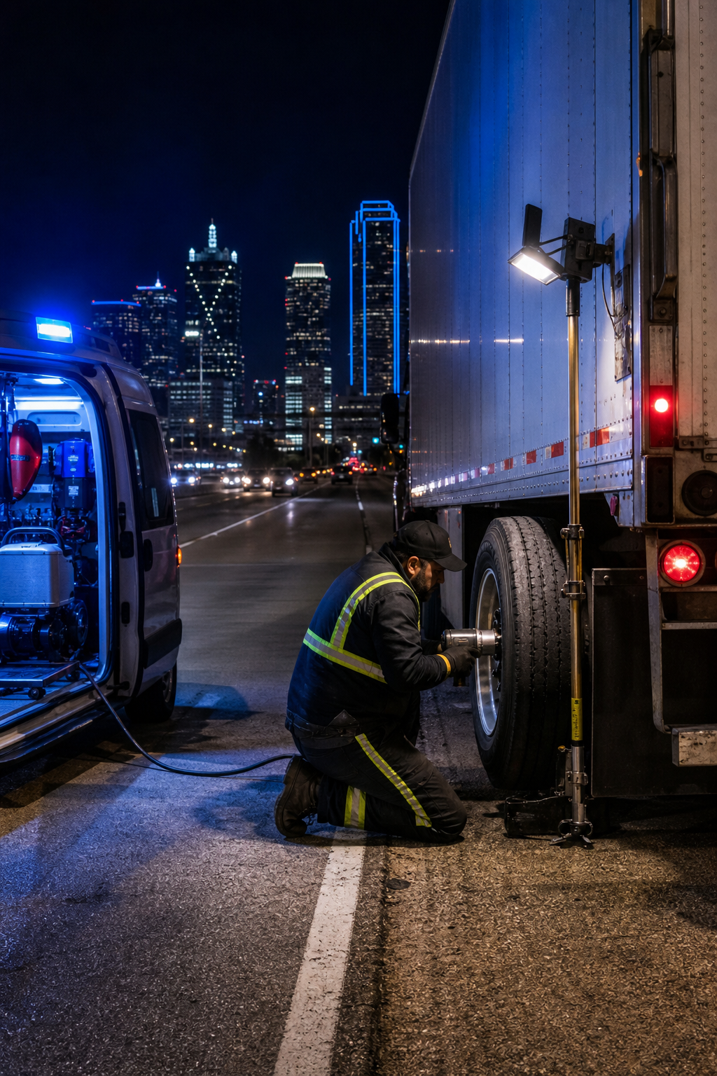 A photorealistic nighttime scene on a Dallas urban highway with a mobile tire technician in safety gear using a mounted work light to repair a blown-out tire on a large commercial truck, city skyline visible in the background with a blue accent light on the service vehicle. Alt: 24/7 emergency mobile tire repair Dallas roadside blowout at night.