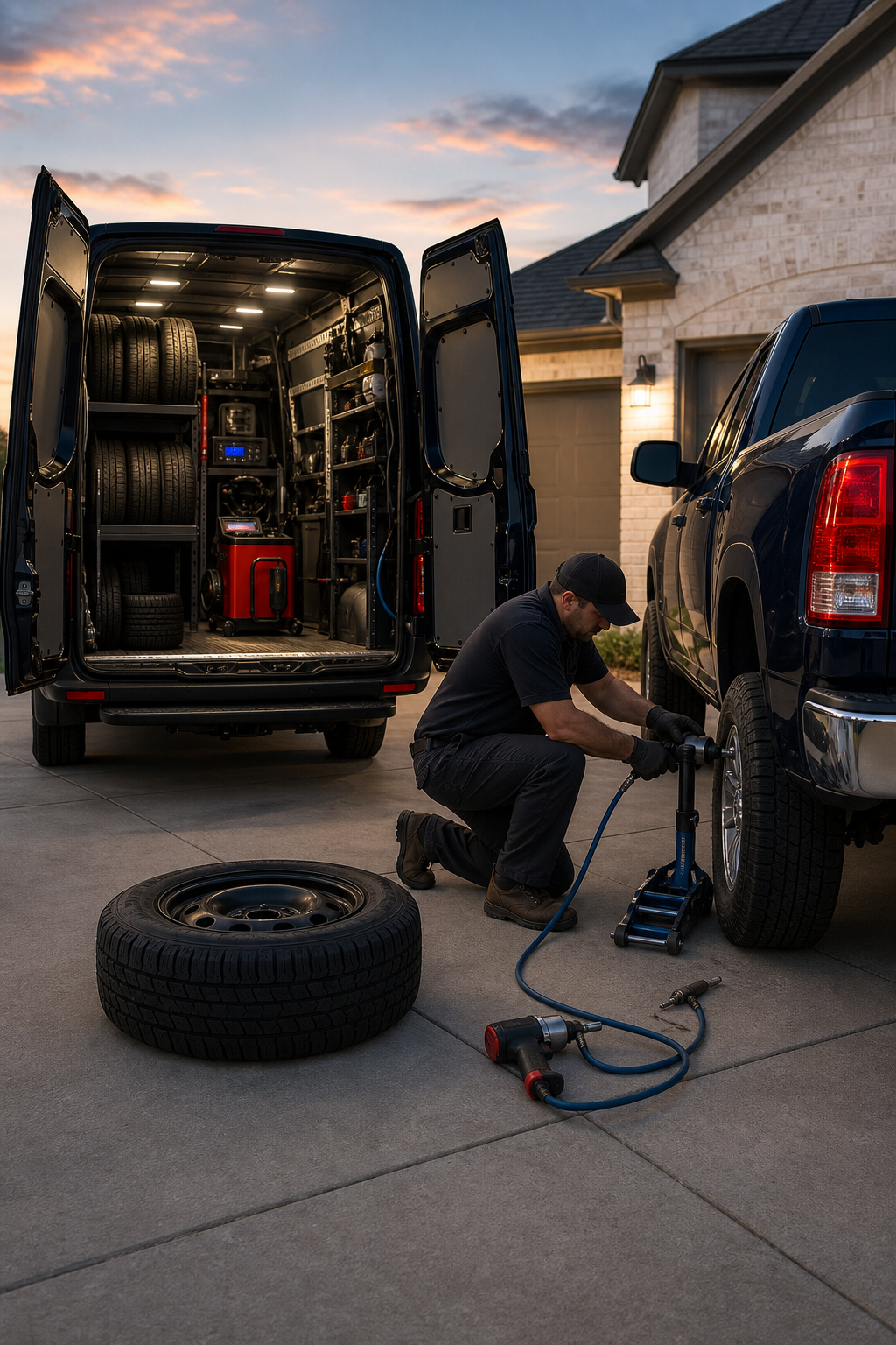 A realistic illustration of a mobile tire van parked beside a pickup truck at a residential driveway in Fort Worth, technician in uniform changing a tire, evening light. Alt: 24/7 mobile tire service in Fort Worth