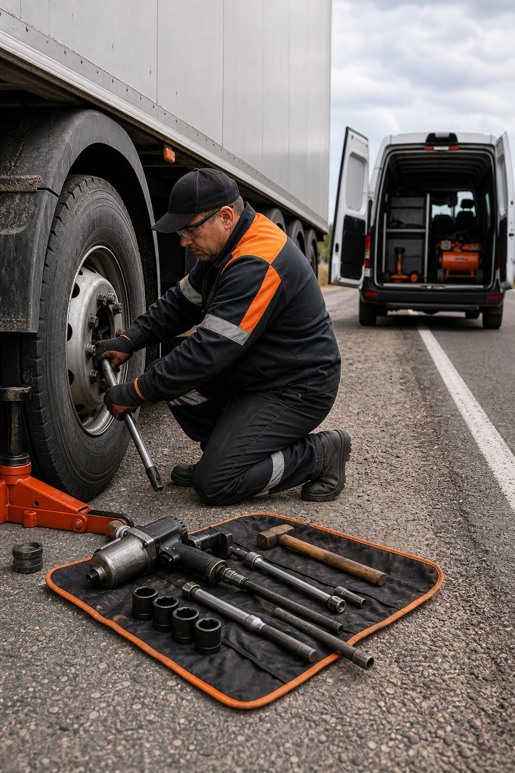 A photorealistic scene of a TIA-certified technician in uniform changing a tire on a semi-truck parked on a highway shoulder, with tools laid out and a service van in the background. Alt: Mobile tire service technician repairing a commercial truck tire on-site.