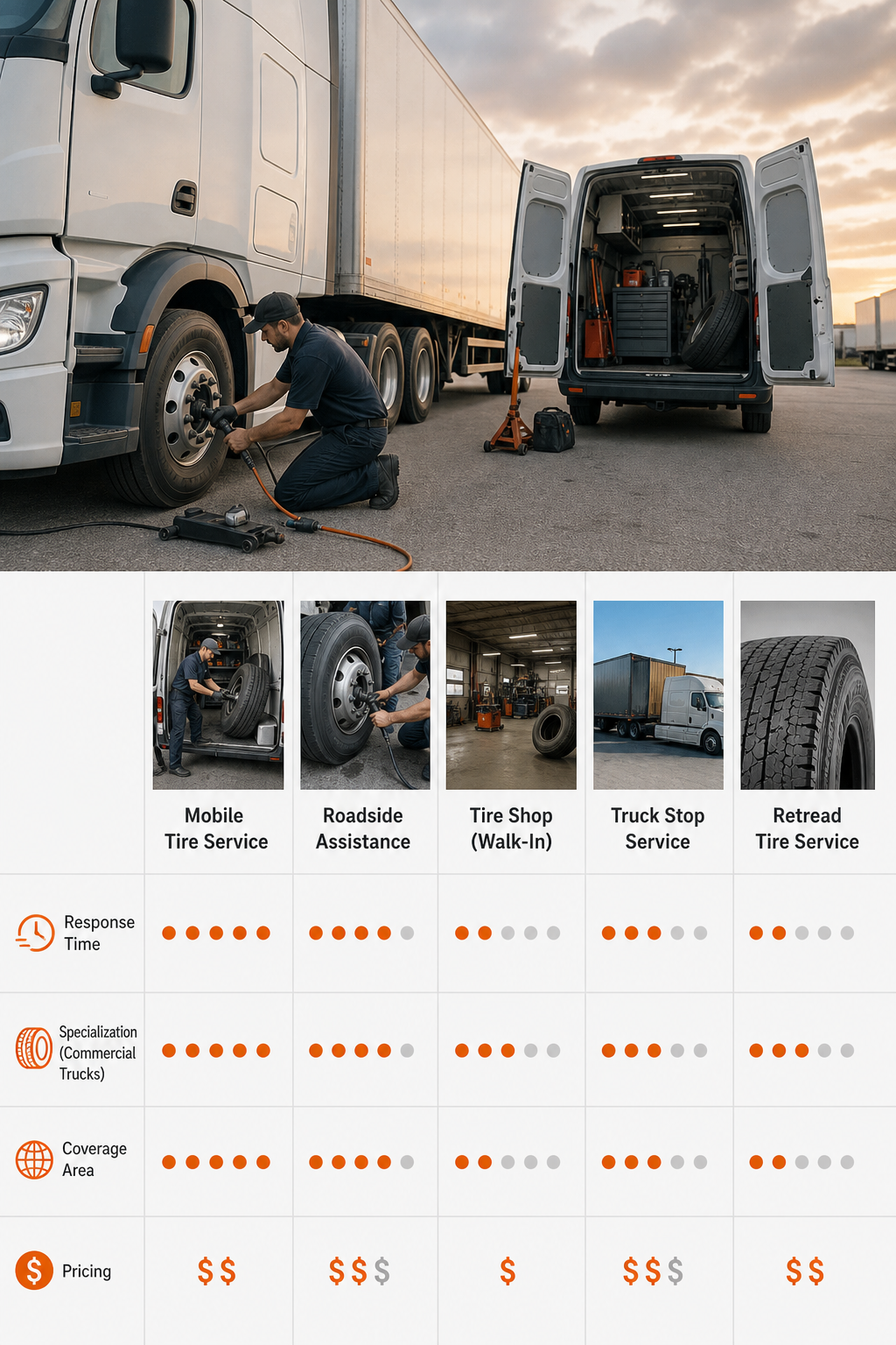 A photorealistic comparison infographic showing a side-by-side grid of five mobile tire service options, with icons for response time, specialization, coverage, and pricing. Alt: Comparison chart of top mobile tire services for commercial trucks.