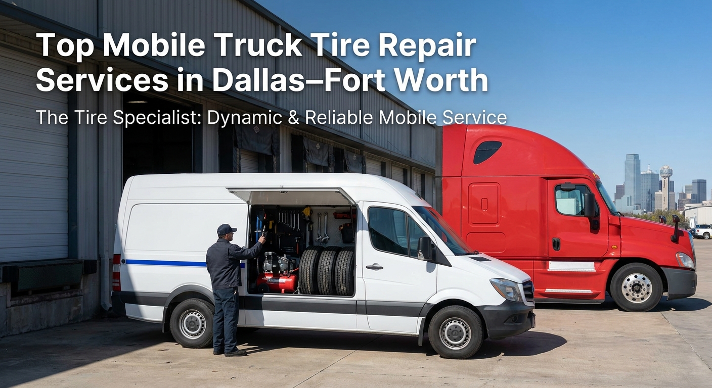 A realistic scene of a mobile service van pulling up to a large commercial truck on a warehouse loading dock, technician opening the side hatch, tools and spare tires visible, bright daylight, DFW skyline in the background.