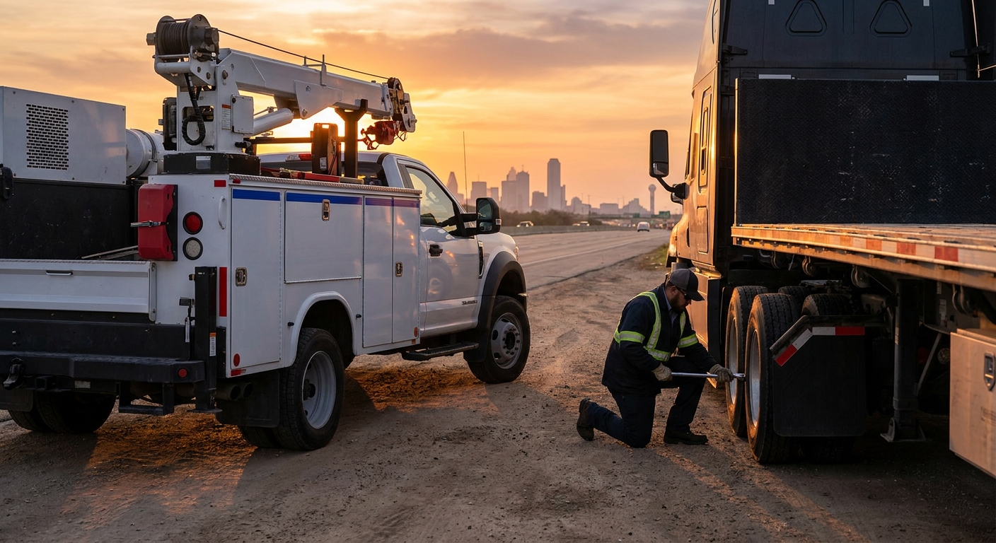 Realistic image of a Lone Star service truck parked beside a semi‑tractor on a Texas highway, technician kneeling on a tire, sunset lighting, DFW landmarks faint in distance.