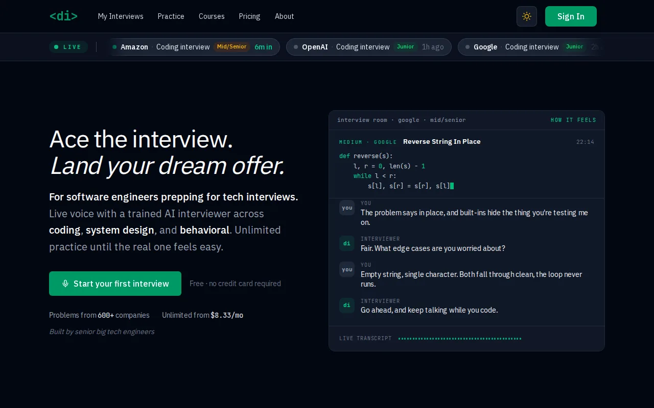 Screenshot of the DevInterview.AI website