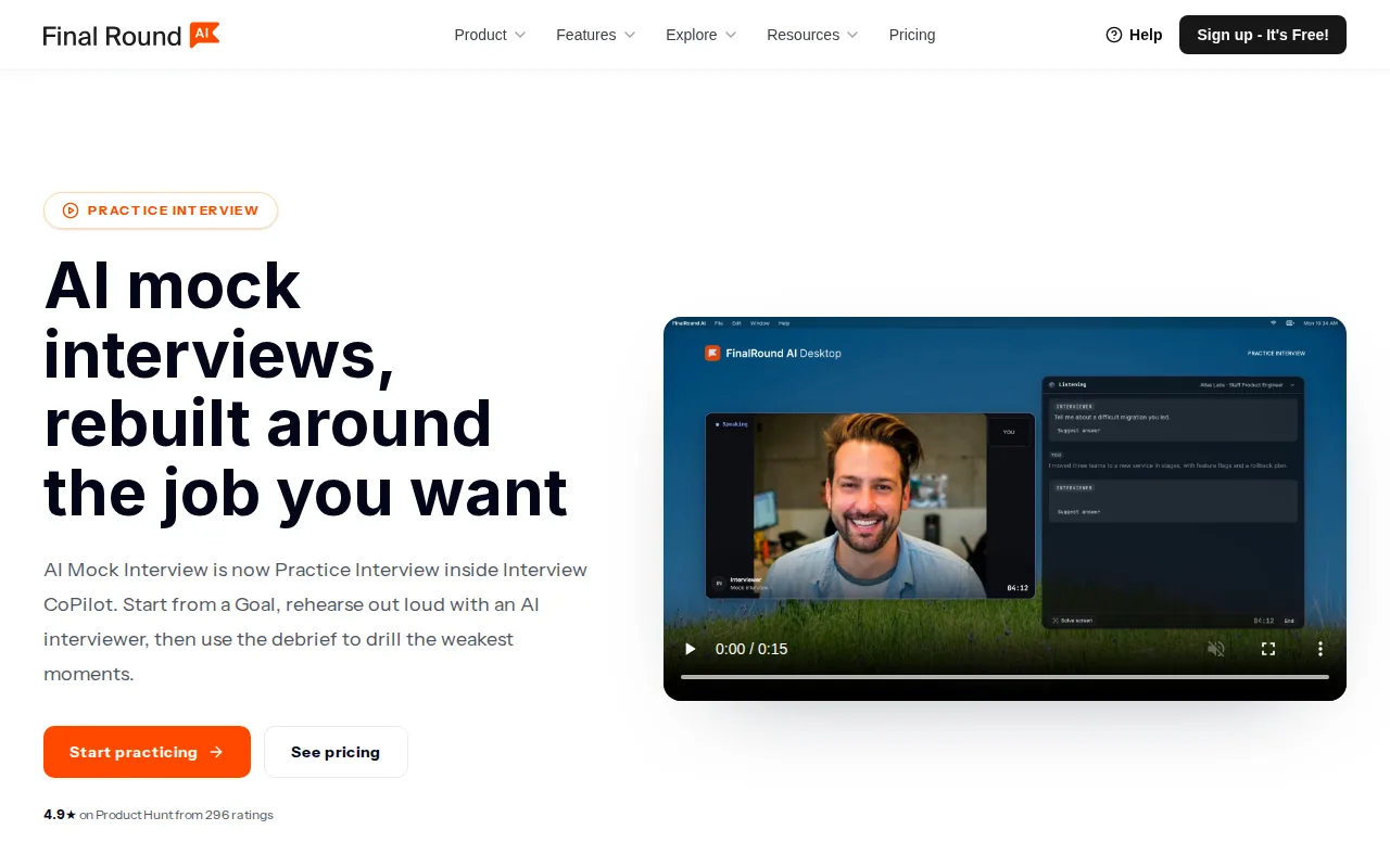 Screenshot of the Final Round AI’s AI Mock Interview website