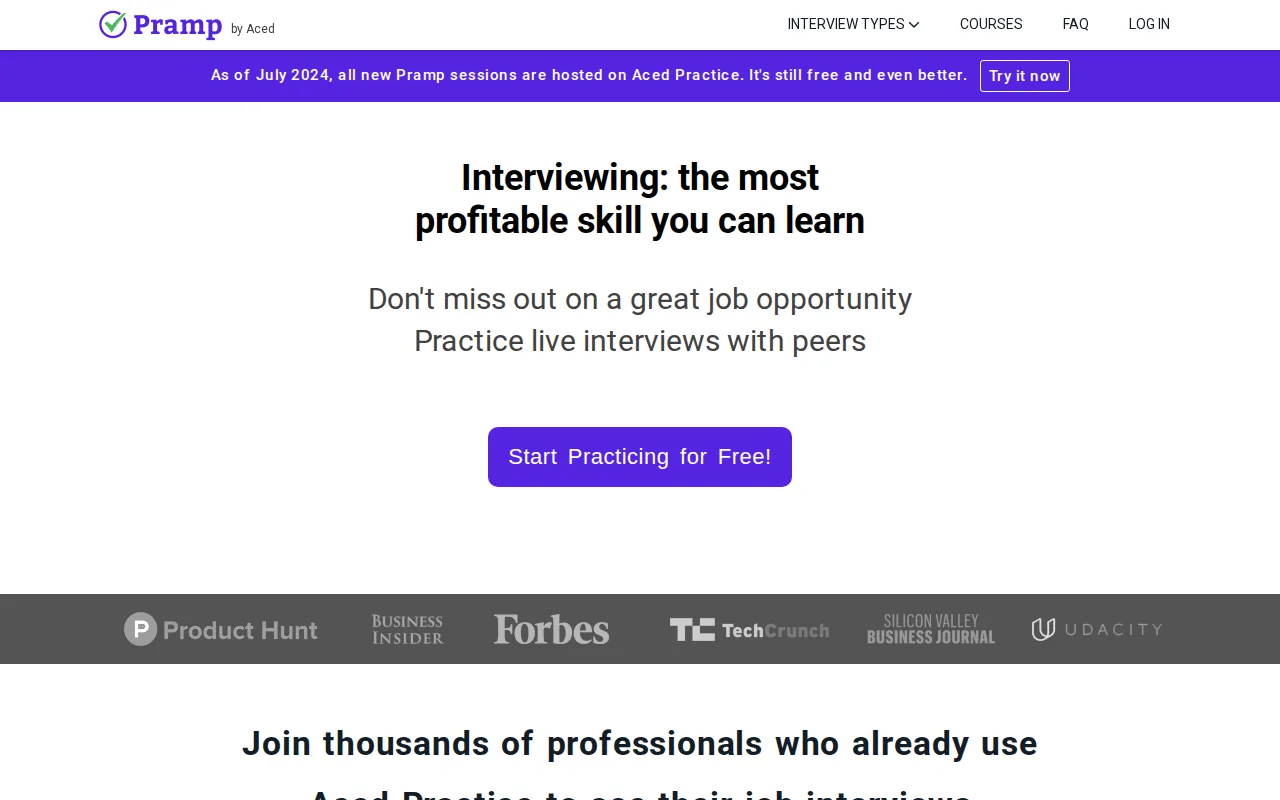 Screenshot of the Pramp website