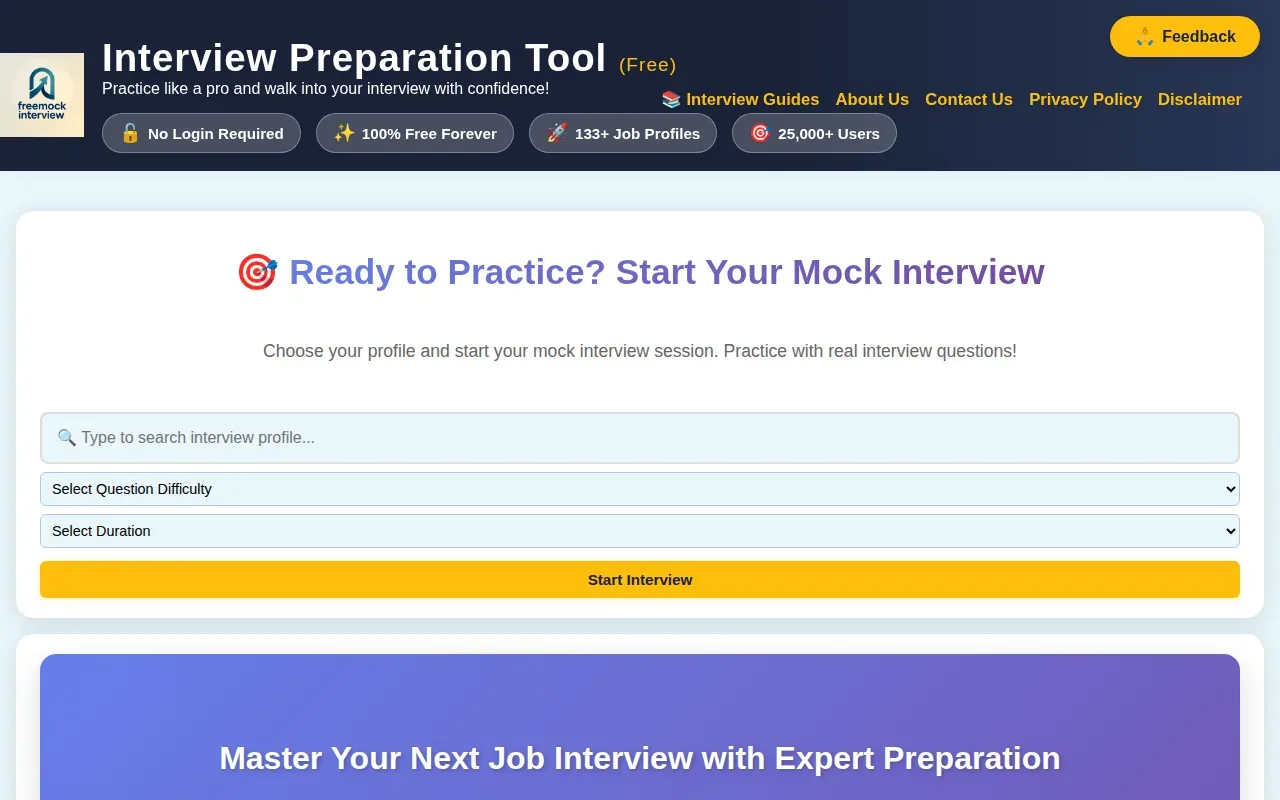 Screenshot of the FreeMockInterview website