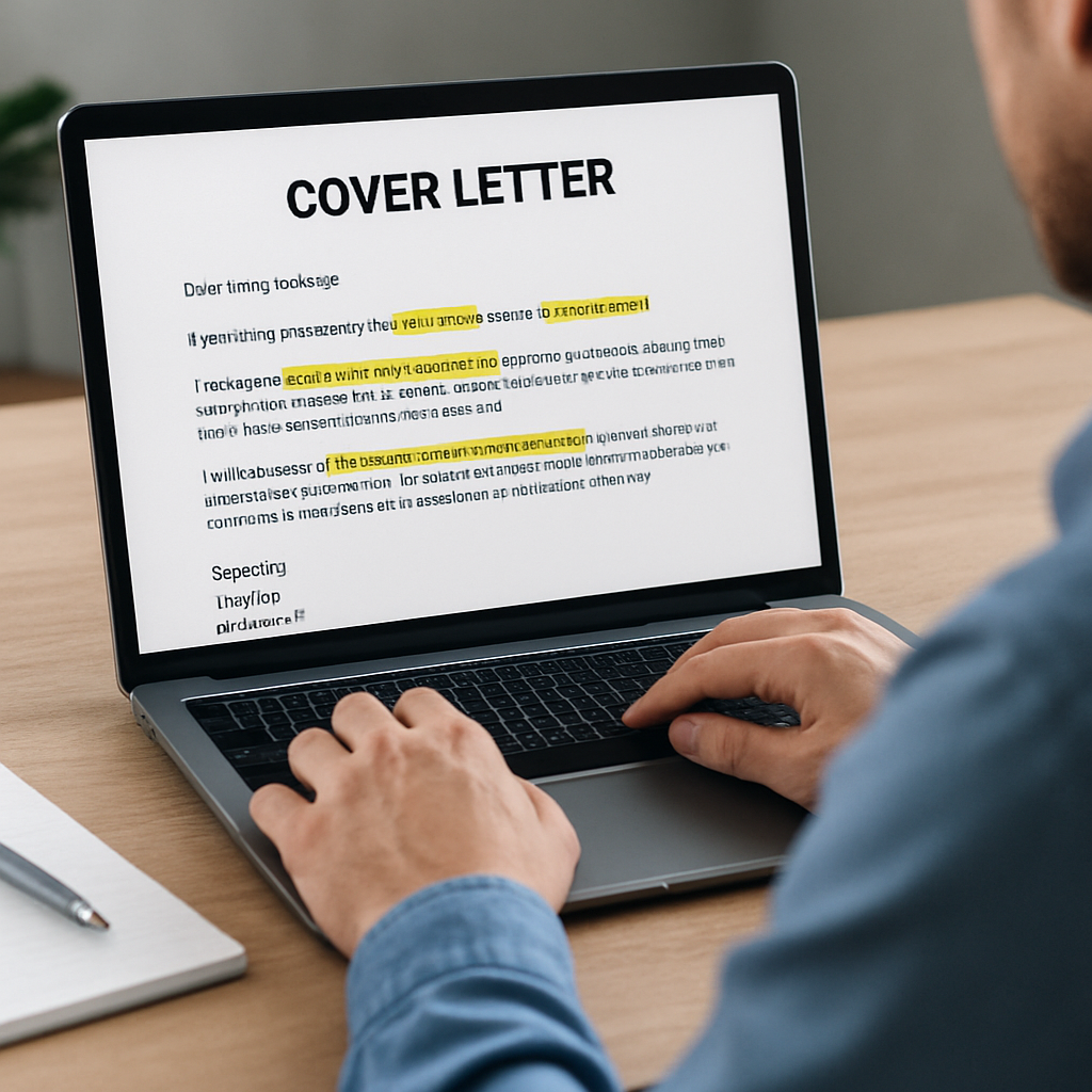 A person customizing a cover letter on a laptop, showing highlighted sections that match the job description. Alt: modelo de carta de apresentação personalizado