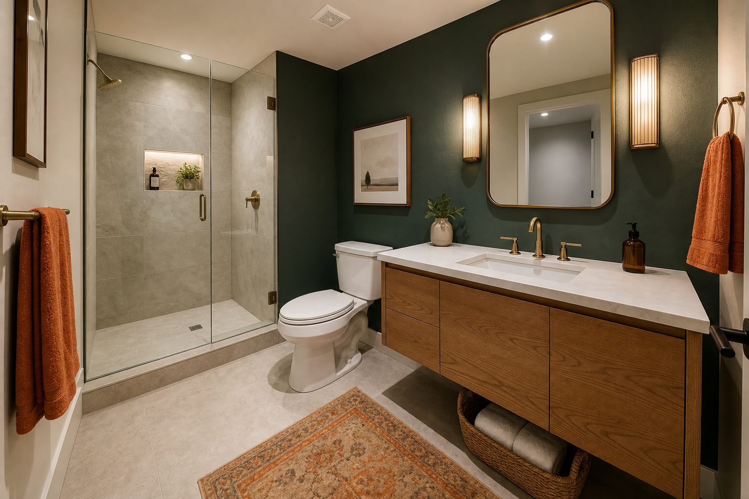 modern basement bathroom with warm neutral tile, floating vanity, and green statement wall.