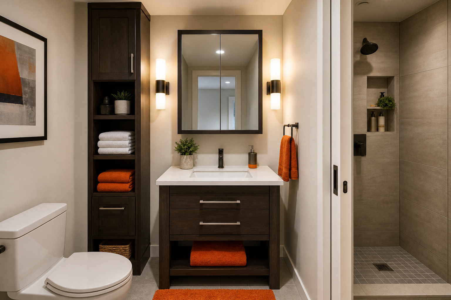 small modern bathroom with compact vanity, vertical storage, and shower storage area.