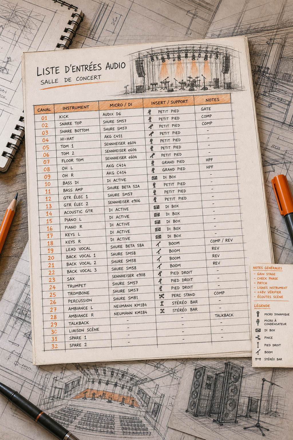 Modèle Liste d'Entrées Audio pour Petite Salle de Concert à Télécharger 1 Une vue d'ensemble d'un document technique avec des colonnes et des lignes listant les canaux, les instruments, les micros et les notes. Style croquis technique pour une salle de concert. Alt: Modèle de liste d'entrées audio pour salle de concert.