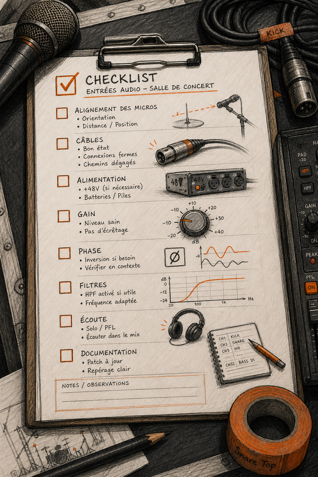 Modèle Liste d'Entrées Audio pour Petite Salle de Concert à Télécharger 2 Une feuille de checklist avec des cases à cocher listant les vérifications : alignement des micros, câbles, alimentation, gain, phase, etc. Style croquis technique. Alt: Checklist ingénieur du son pour entrées audio en salle de concert.