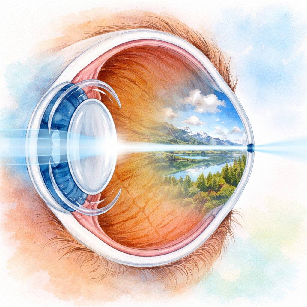 A high‑resolution illustration of a single‑focus monofocal intraocular lens placed inside an eye, showing the clear focal point on distant objects. Alt: monofocal IOL delivering sharp distance vision for cataract surgery patients.