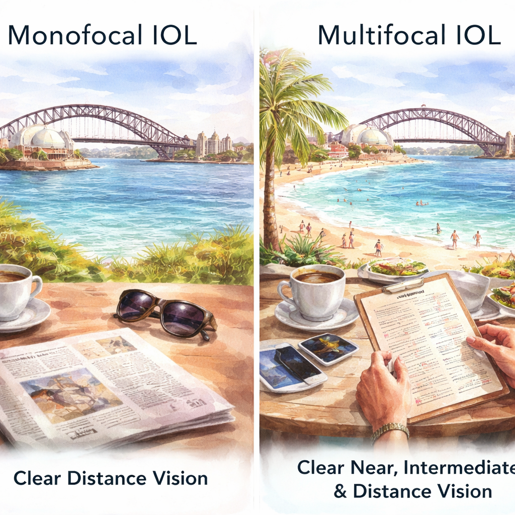 A split‑screen illustration showing a monofocal IOL delivering crystal‑clear distance vision on the left and a multifocal IOL providing clear near, intermediate, and distance vision on the right, with Sydney landmarks like the Harbour Bridge and Bondi Beach in the background. Alt: Comparison of monofocal vs multifocal intraocular lenses for lifestyle choices.