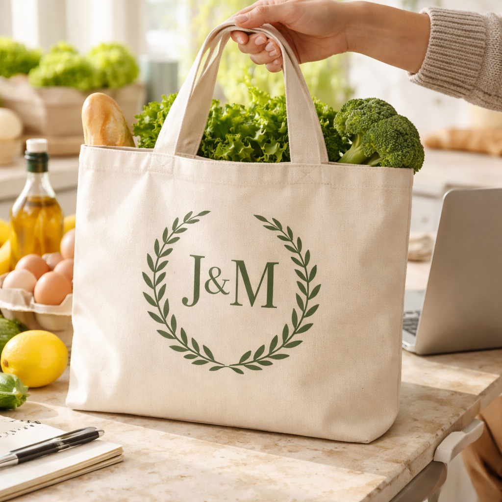 A photorealistic scene of a hand holding a canvas tote bag with a simple monogram, placed on a kitchen counter with groceries and a laptop, bright natural light, realistic style, appealing to moms, dads, teachers, and nurses. Alt: monogram tote bag print on demand sample showing high‑quality canvas and clear lettering.