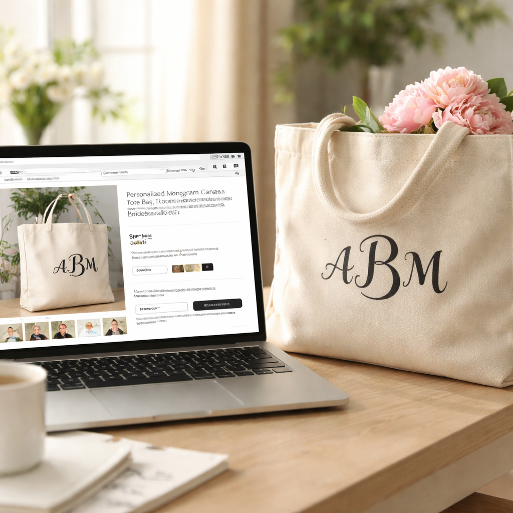 A photorealistic scene of a laptop screen showing an Etsy product page for a monogram tote bag, next to a printed tote bag with initials, soft natural lighting, realistic style. Alt: monogram tote bag print on demand store setup and pricing visual.