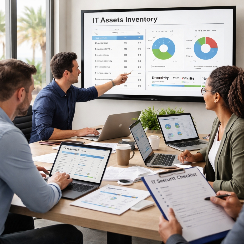 A realistic office scene showing a team reviewing IT assets inventory, with charts and laptops. Alt: Monterey CA IT security audit checklist for SMB assets review