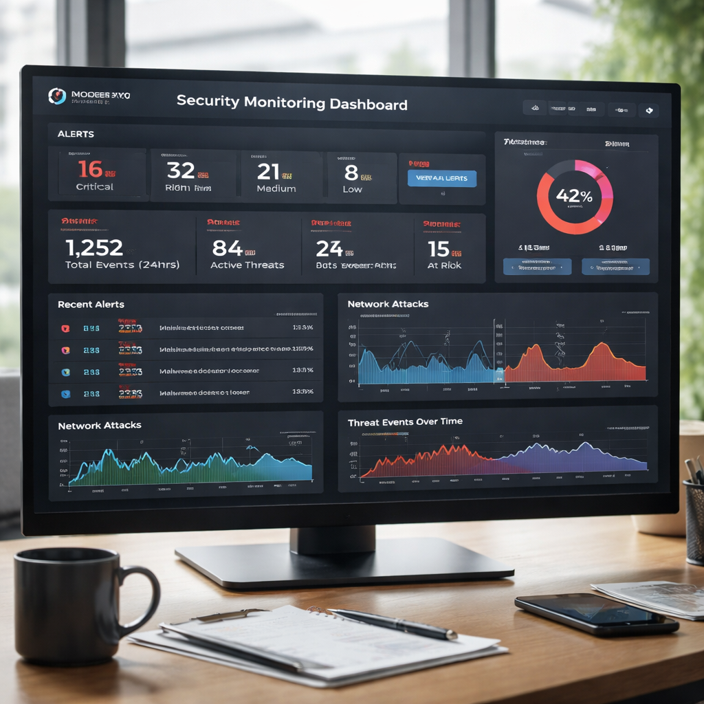 Realistic view of a monitoring dashboard with alerts, showing graphs of security events. Alt: Monterey CA IT security audit checklist for SMB ongoing monitoring