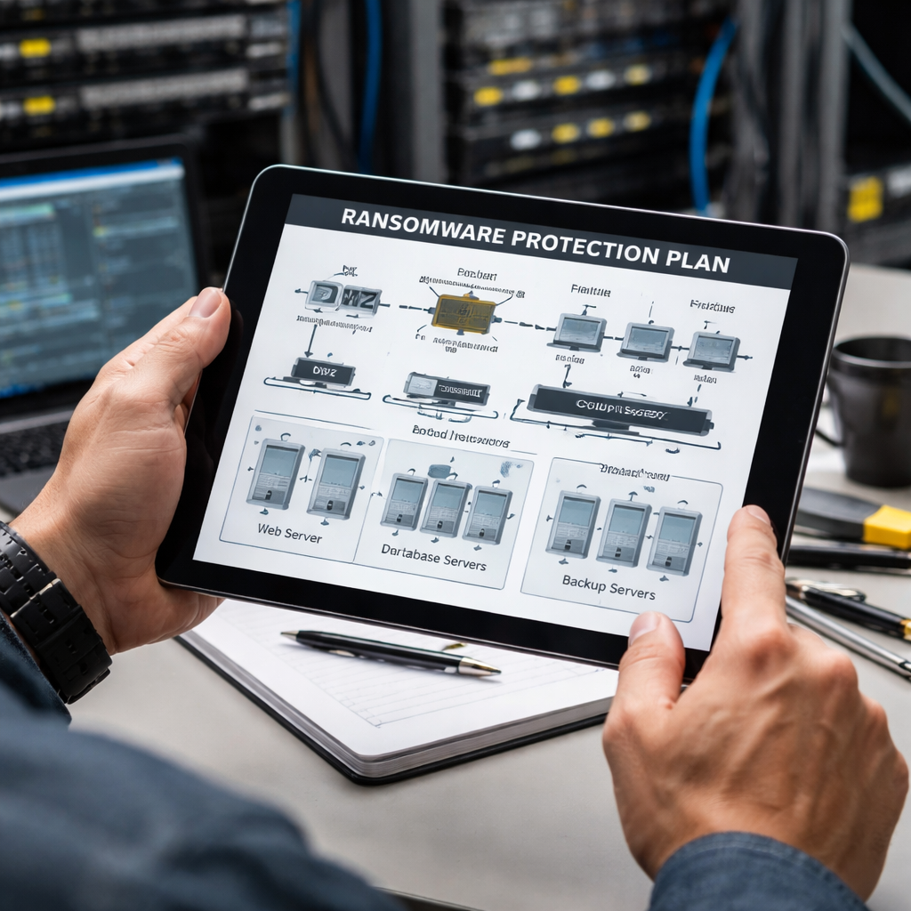 A realistic office scene showing a technician reviewing a network diagram on a tablet, with labeled devices and data tiers. Alt: network inventory for ransomware protection plan