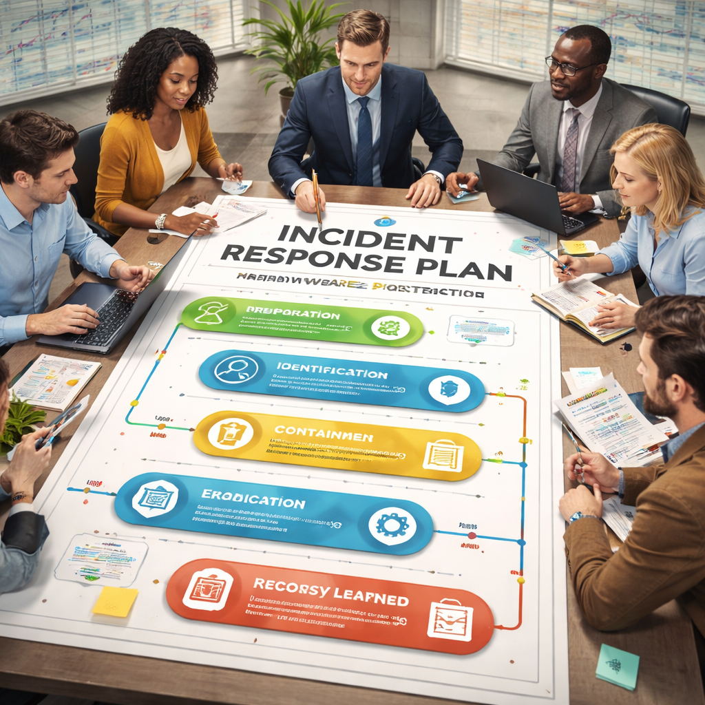 A realistic illustration of a business team gathered around a tabletop incident response plan, with highlighted steps and roles. Alt: incident response plan for ransomware protection