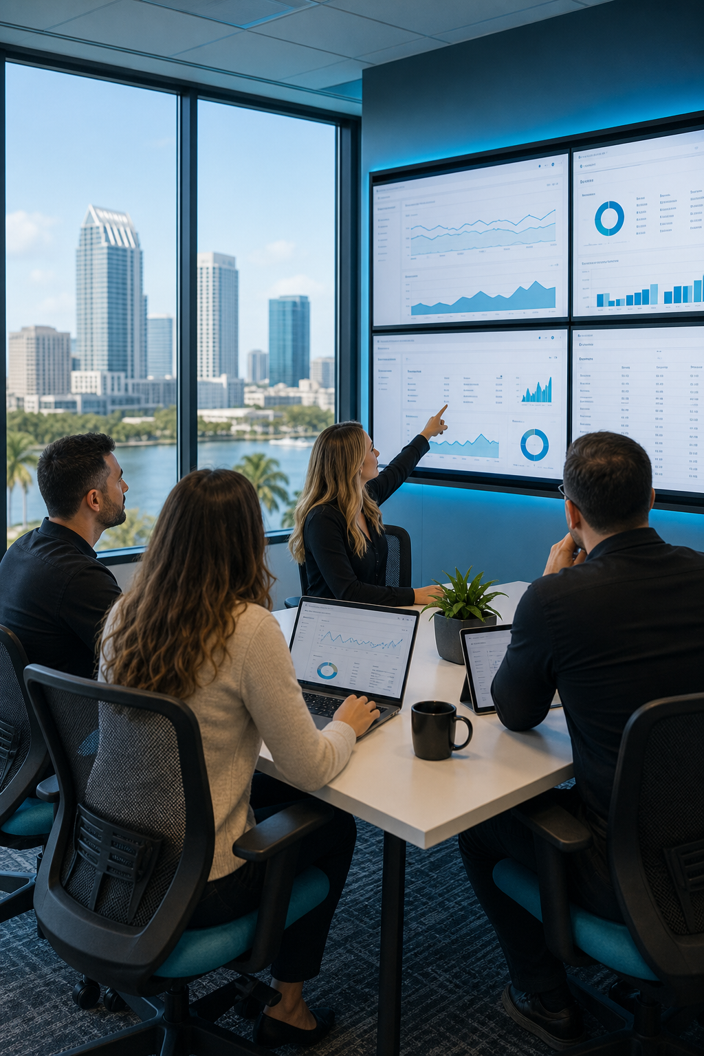 A modern digital marketing team in a bright Tampa Bay office reviewing SEO dashboards and keyword performance charts on large monitors, photorealistic style with brand blue (#1BBAE2) accent lighting. Alt: Netco Design LLC monthly SEO services team reviewing KPI dashboards.