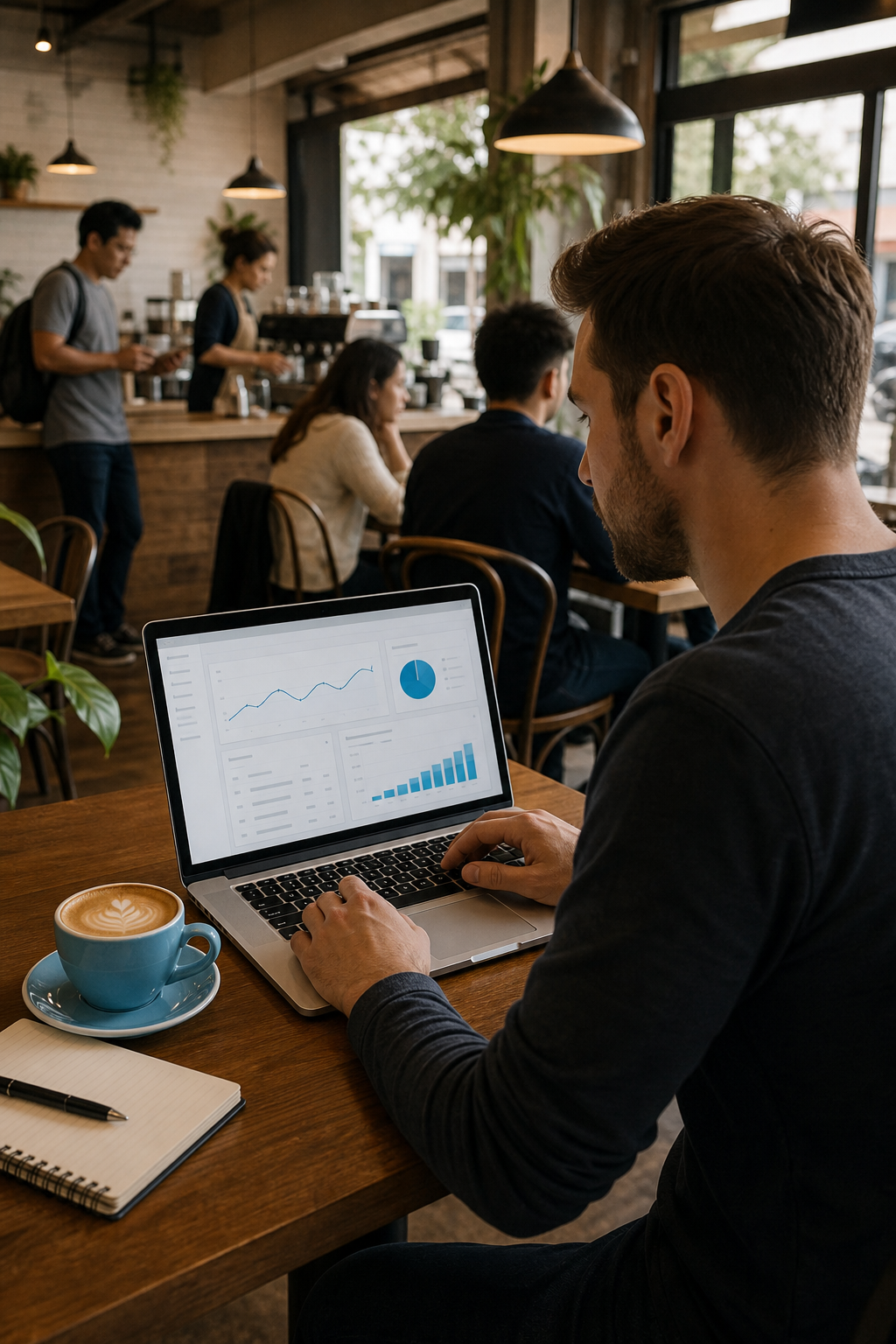 A small business owner reviewing local search rankings on a laptop inside a busy neighborhood coffee shop, photorealistic scene with warm natural light. Alt: Small business owner checking local SEO rankings for monthly SEO retainer.