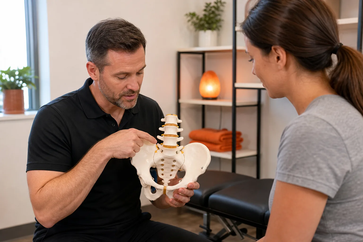 Chiropractor explaining lower back, hip and sacroiliac joint pain.