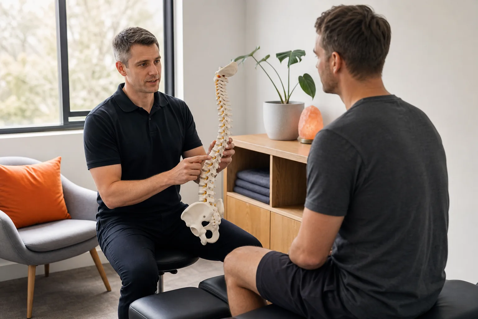 Chiropractor discussing an assessment with a patient near Moonee Ponds.