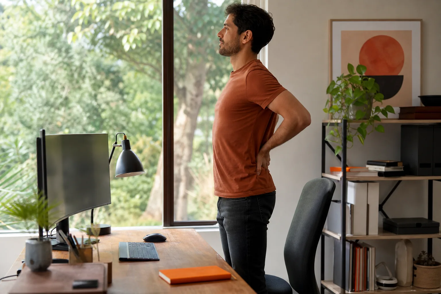 Desk worker adjusting posture and moving gently between tasks.