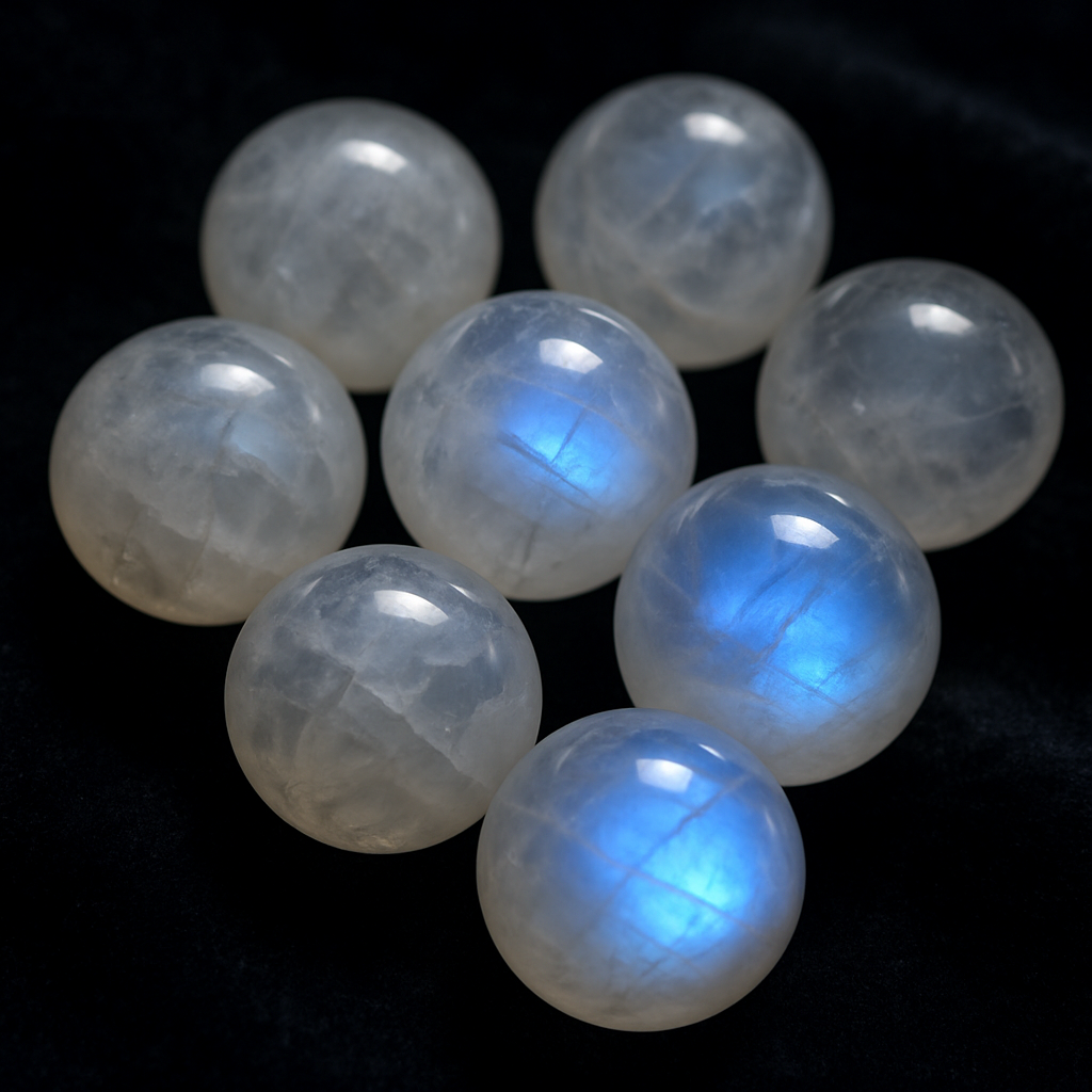 A close‑up of moonstone beads glowing softly against a dark velvet background, highlighting the adularescent sheen. Alt: Moonstone beads glowing with lunar light, showcasing moonstone metaphysical properties.