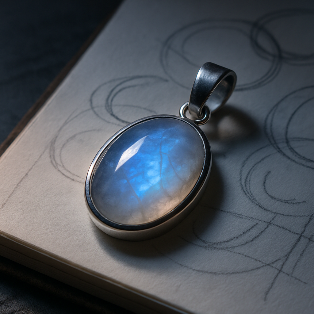 A close‑up of a moonstone pendant resting on a sketchbook, soft lunar light reflecting off the stone, highlighting its adularescent glow. Alt: moonstone metaphysical properties in jewellery design