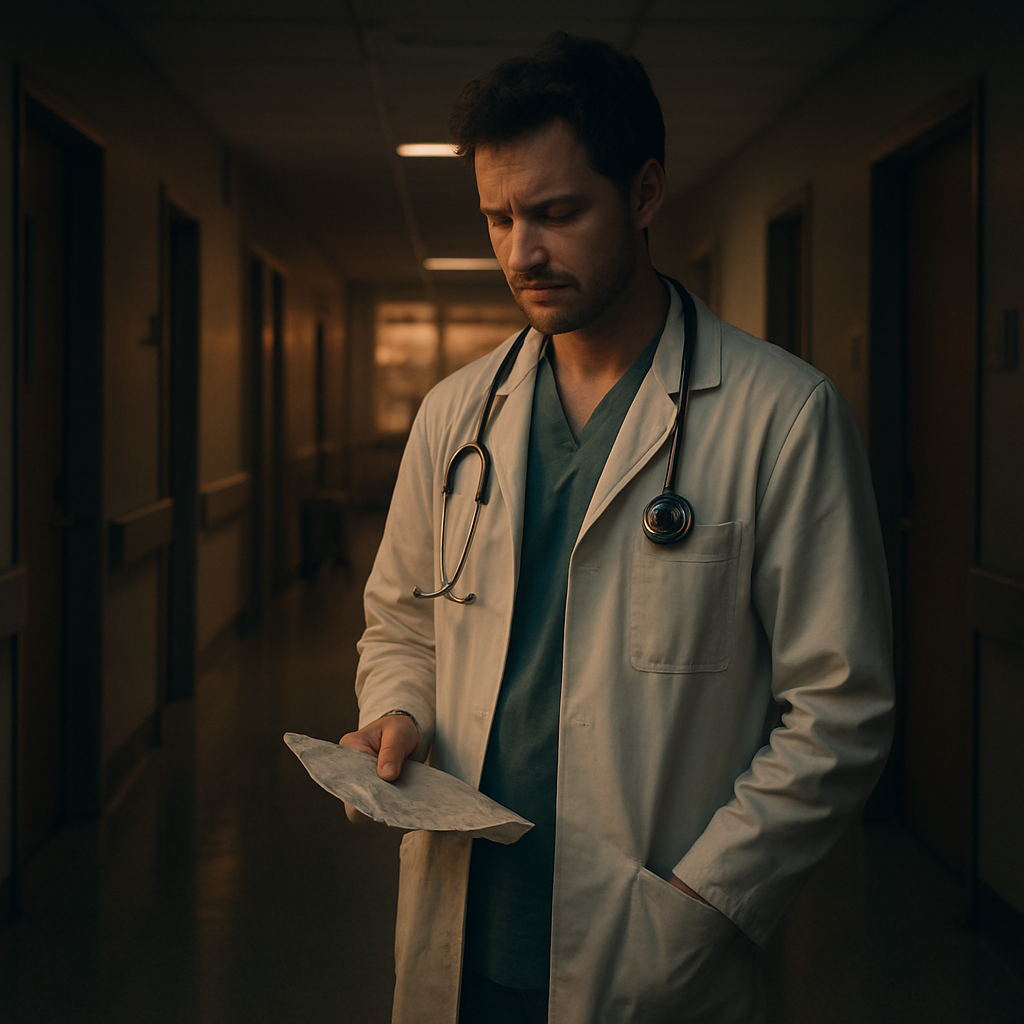 A cinematic, photorealistic scene of a hospital corridor at dusk, soft ambient lighting casting long shadows, a solitary clinician standing alone, looking contemplative, with subtle visual cues of stress like a crumpled patient chart in hand. Alt: Clinician recognizing signs of moral injury in medicine.