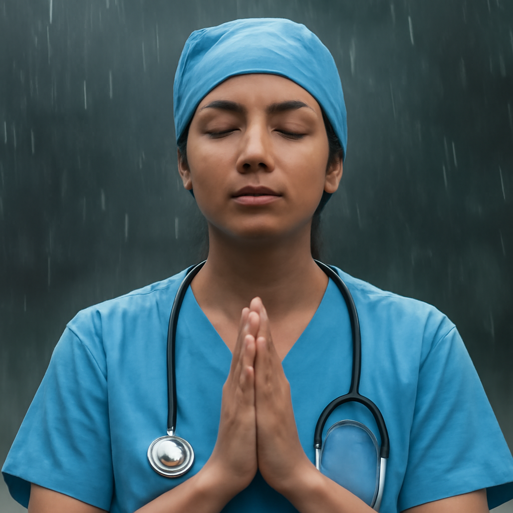 A calm nurse taking a mindful breath with a light rain backdrop. Alt: Nurse practicing mindfulness during shift.