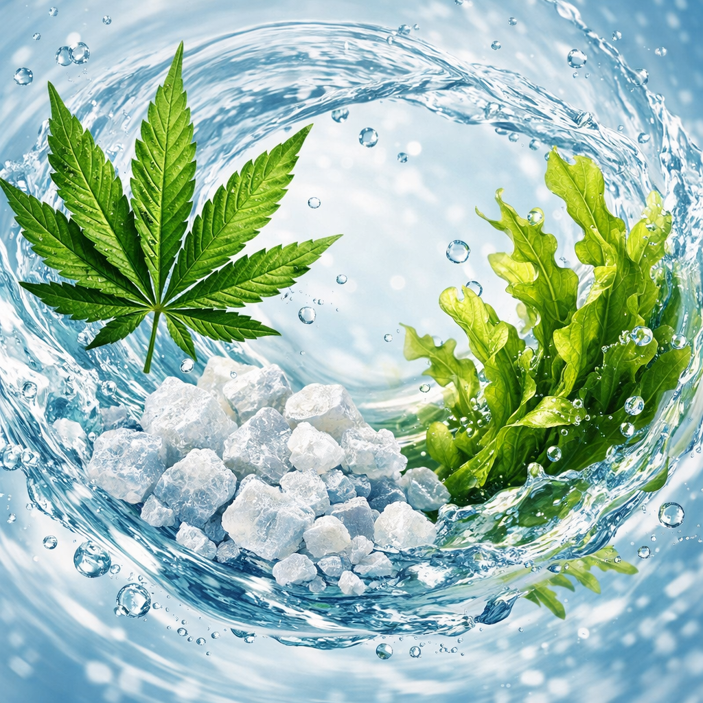 A realistic illustration of natural ingredients like CBD leaf, Dead Sea mineral crystals, and marine algae swirling together in a clear liquid, representing a premium mouthwash formula. Alt: STOP Mouthwash ingredient blend visual