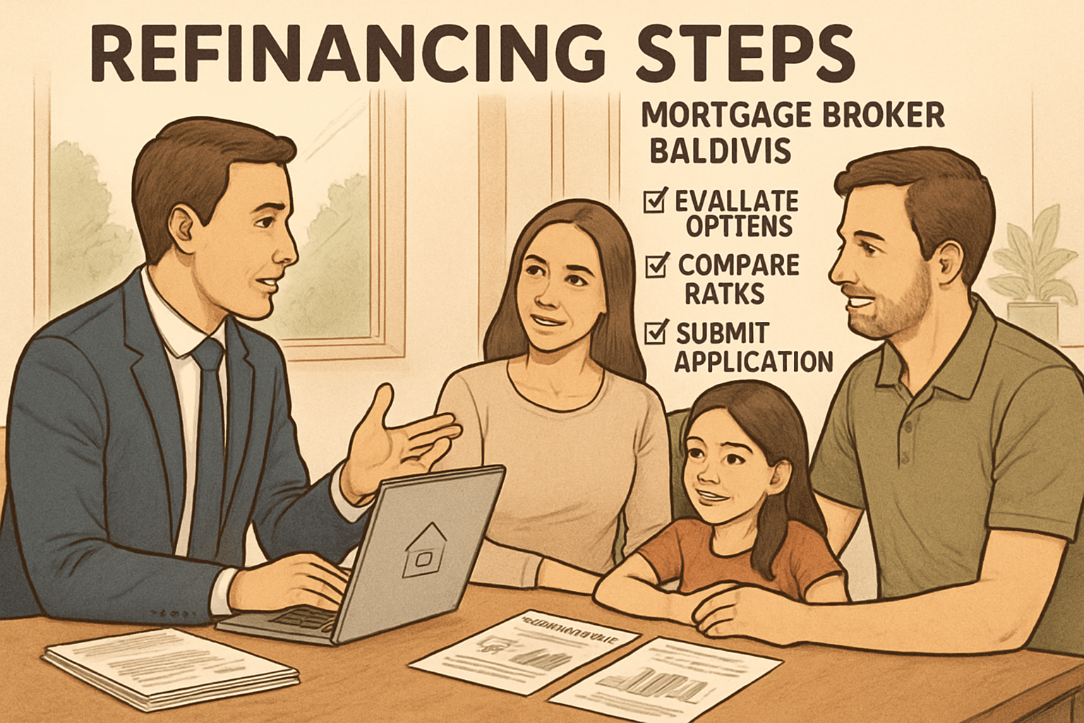 Illustration showing refinancing steps with a mortgage broker Baldivis helping a family evaluate options. Alt: Refinancing home loans in Baldivis with expert broker advice.