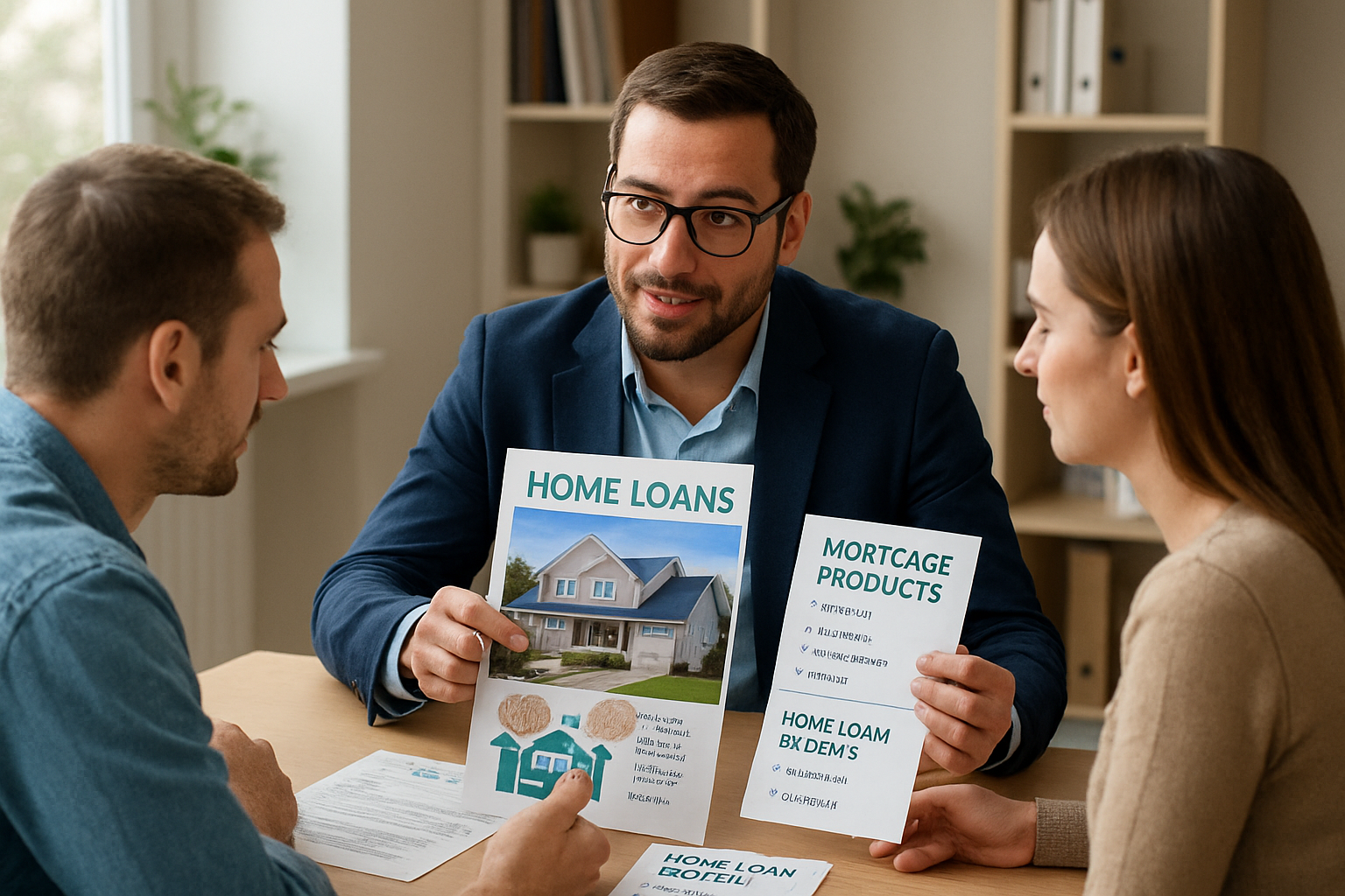 Mortgage broker Baldivis sitting with clients explaining various home loan product brochures. Alt: Detailed mortgage advice from a mortgage broker Baldivis for home buyers.