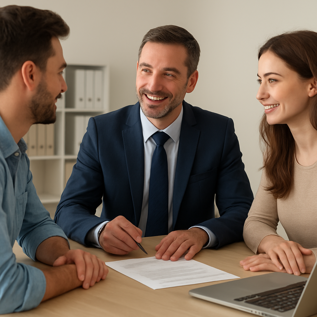 A friendly mortgage broker sitting at a desk with a laptop and paperwork, smiling while discussing options with a young couple. Alt: mortgage broker helping first‑time buyers understand loan options
