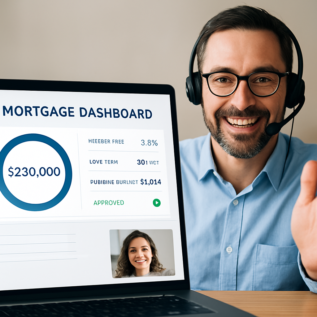 A friendly mortgage advisor on a video call with a first‑time buyer, showing a digital mortgage dashboard. Alt: mortgage broker service experience support