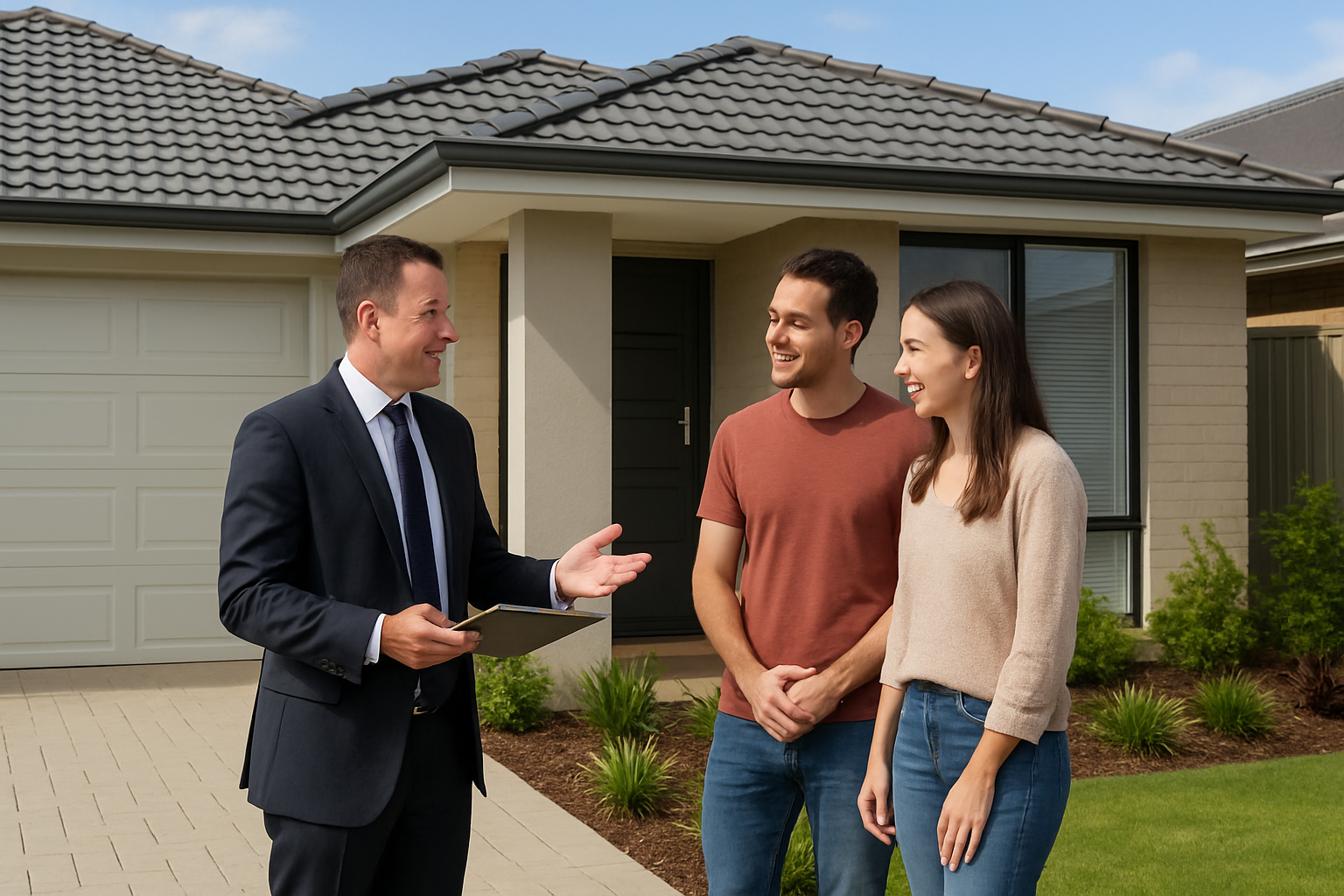 House in Wellard suburb with a mortgage broker consulting a young couple, representing local expert advice. Alt: mortgage broker wellard helping local homebuyers.