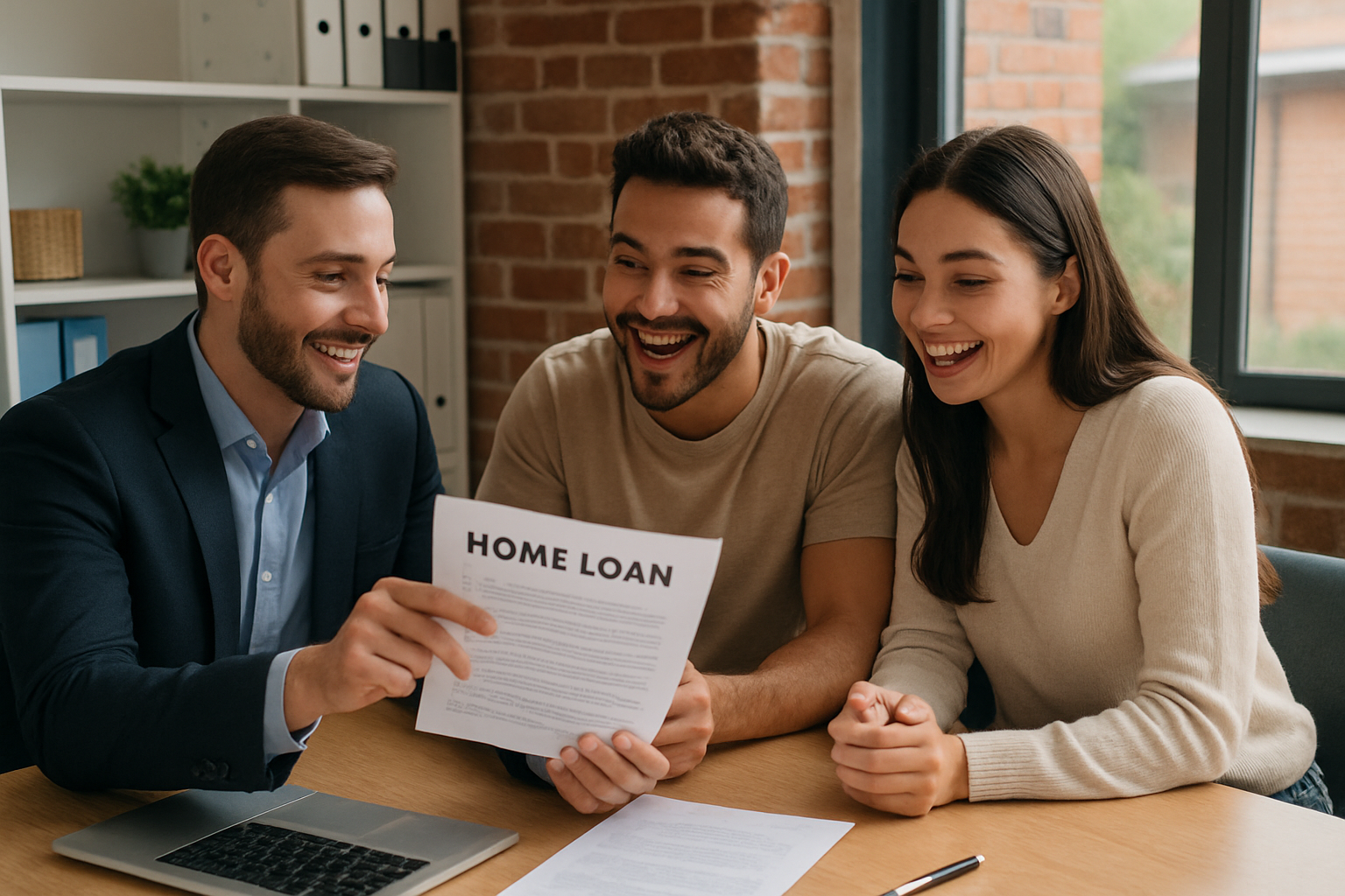 First home buyer couple excitedly reviewing home loan documents with a mortgage broker in Wellard. Alt: mortgage broker wellard assisting first home buyers.