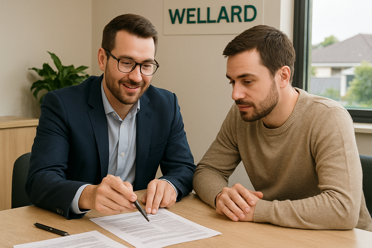 A lending advisor discussing borrowing power over documents with a client in Wellard. Alt: Mortgage broker Wellard consulting client on home loan options.