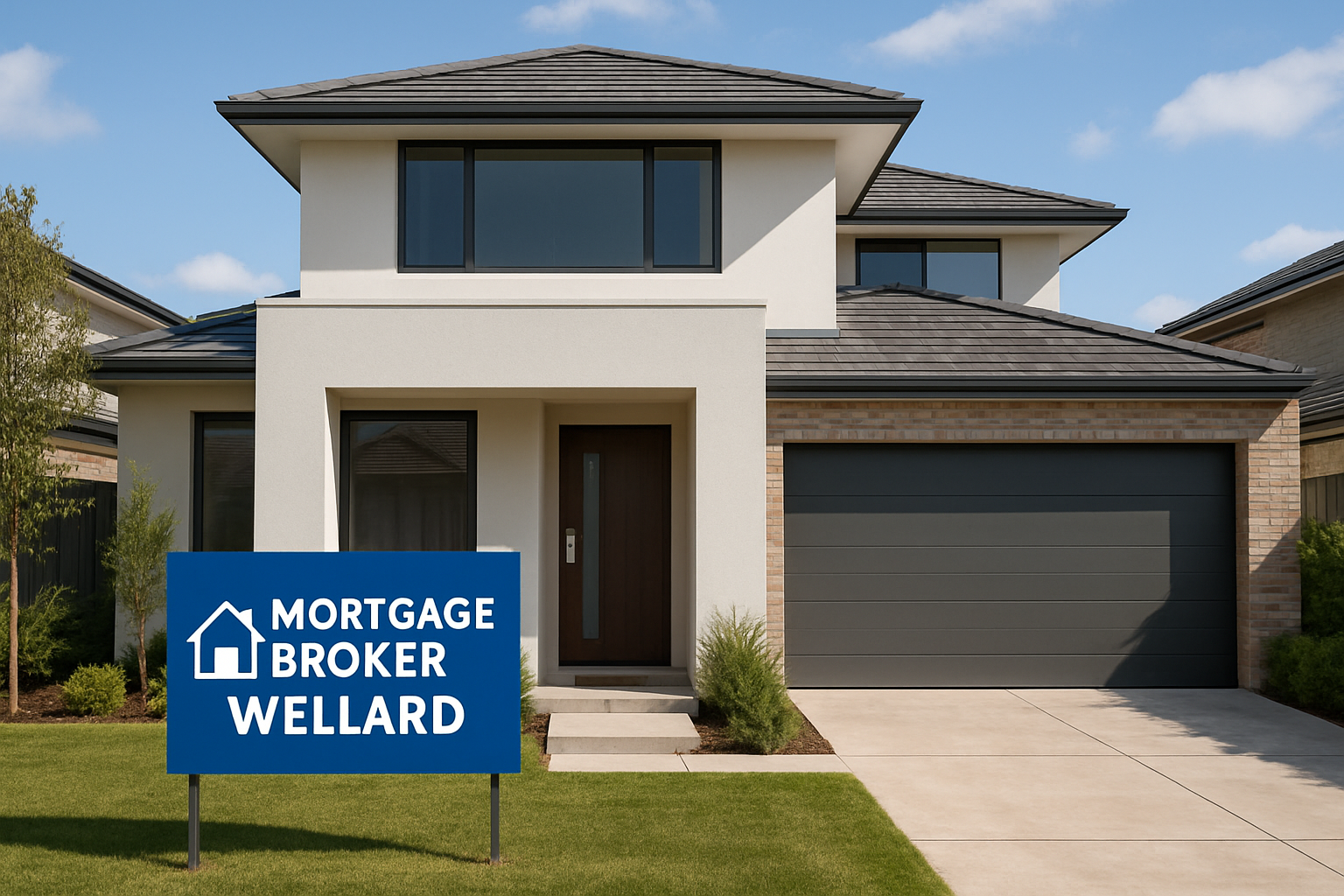 Modern home in Wellard suburb showing signage of 'Mortgage Broker Wellard' for local mortgage services. Alt: Mortgage broker Wellard helping clients with home loans in Wellard, WA.