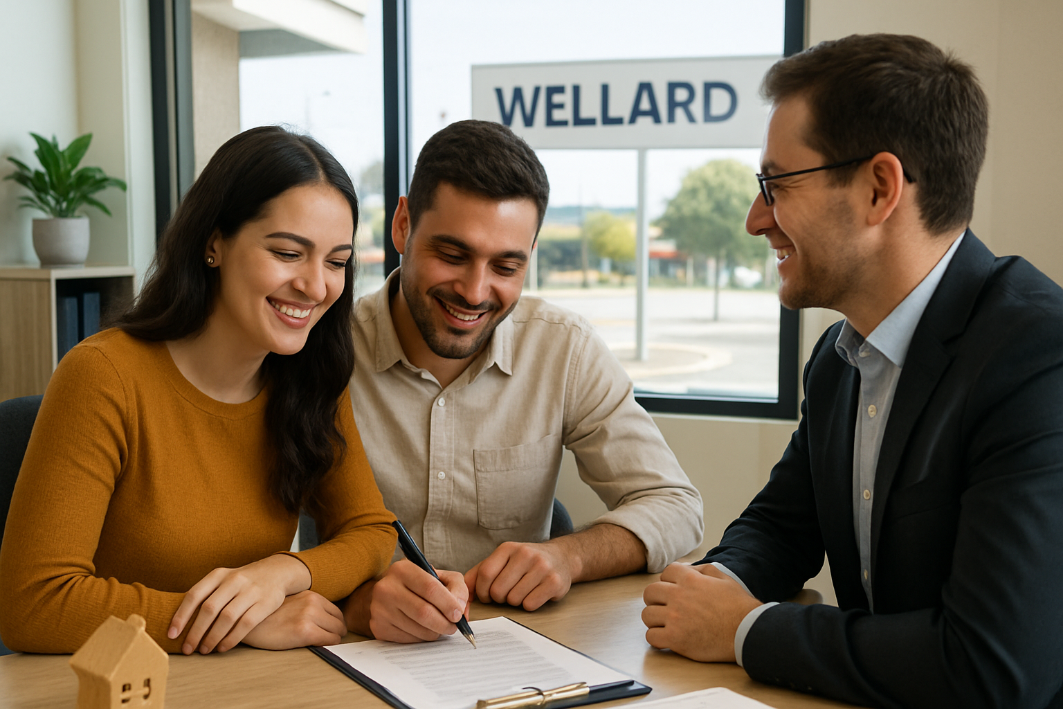 Happy couple signing home loan documents with mortgage broker in Wellard office. Alt: Local mortgage broker assisting first home buyer loans Wellard WA.