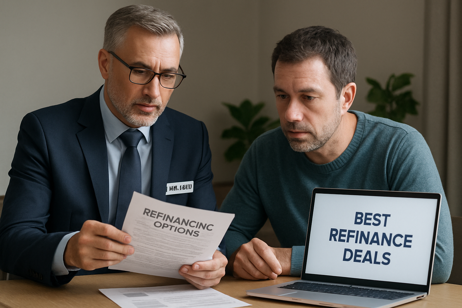 Mortgage broker Wellard reviewing refinancing options with a homeowner. Alt: Expert mortgage broker Wellard evaluating best refinancing deals for clients.